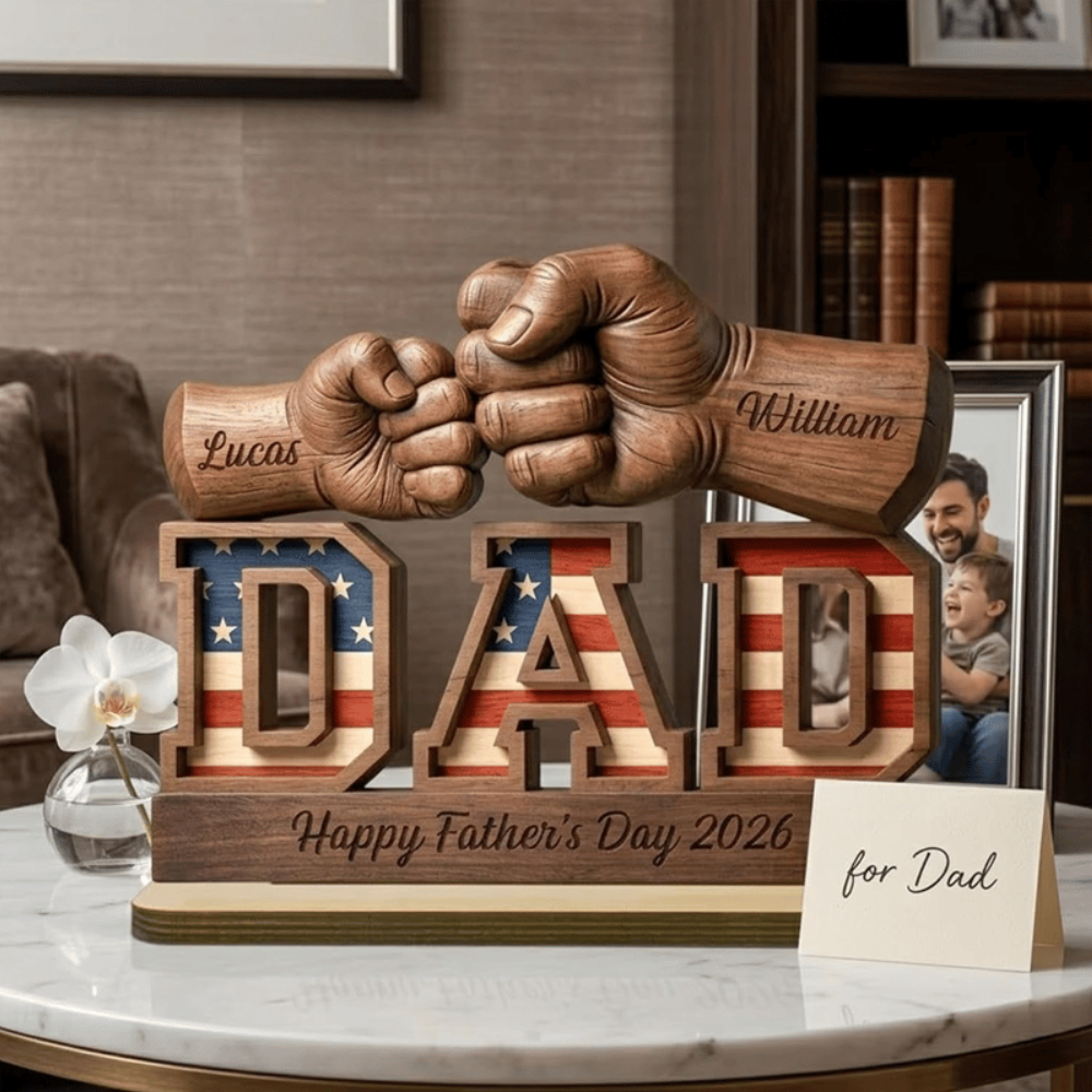 Personalized Fist Bump Papa and Kids Name Wooden Plaque, Custom Fathers Day Plaque for Dad and Grandpa