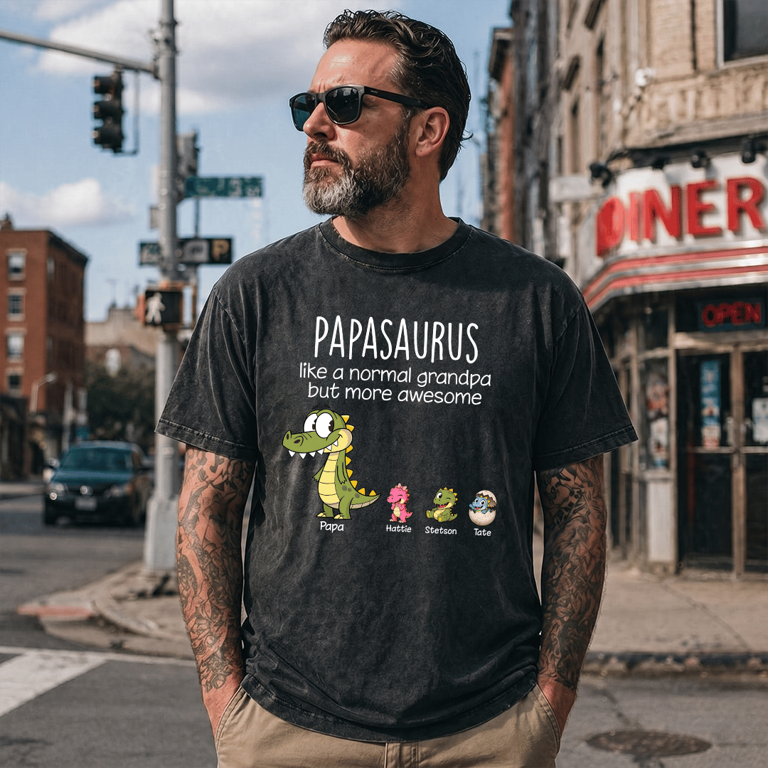 Personalized Papasaurus Mineral Wash T Shirt, Custom Grandpa Dinosaur Tee with Grandkids Names, Father's Day Apparel for Papa