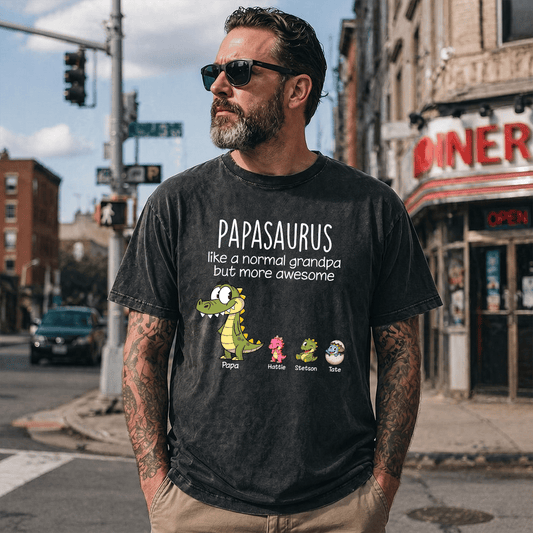 Personalized Papasaurus Mineral Wash T Shirt, Custom Grandpa Dinosaur Tee with Grandkids Names, Father's Day Apparel for Papa