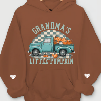 Custom Pumpkin Patch Grandma Sweatshirt – Teal Truck and Pumpkins, Grandkids’ Names on Sleeve