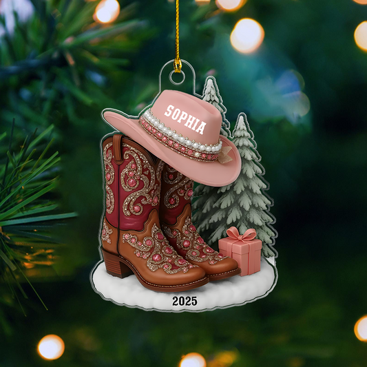 Personalized Cowgirl Ornament 2025 – Custom Name Western Boots and Hat Christmas Ornament for Cowgirl Lovers Ornament