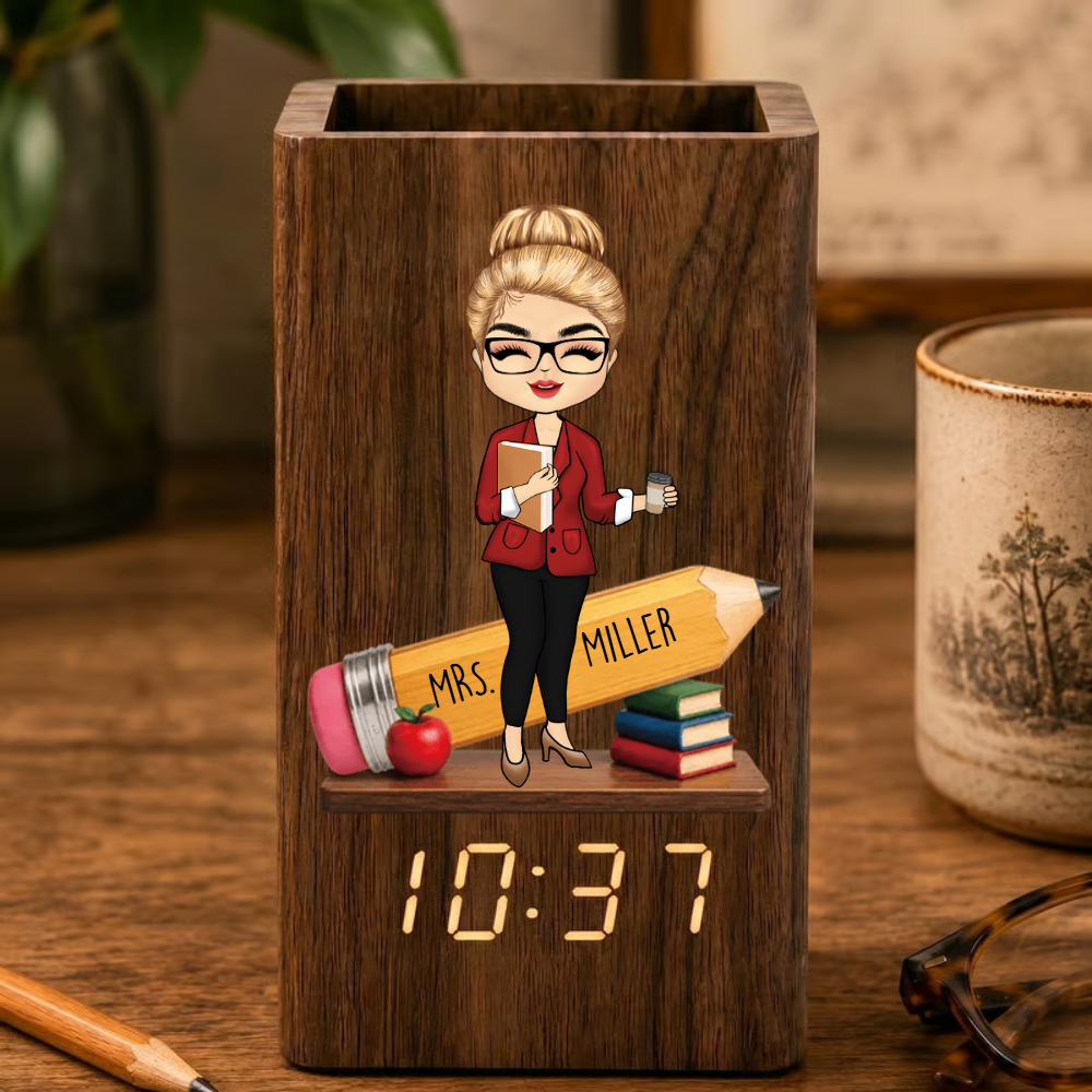 Personalized Teacher Pencil Holder With Clock, Custom Name Desk Organizer, End Of Year Teacher Gift Calendar Electronic Pen Holder