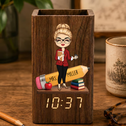 Personalized Teacher Pencil Holder With Clock, Custom Name Desk Organizer, End Of Year Teacher Gift Calendar Electronic Pen Holder