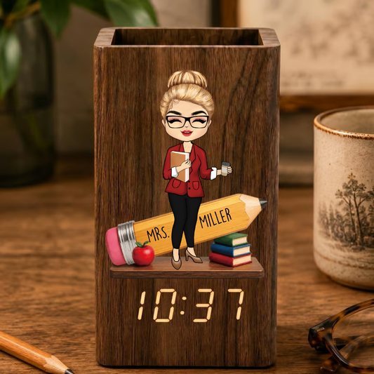 Personalized Teacher Pencil Holder With Clock, Custom Name Desk Organizer, End Of Year Teacher Gift Calendar Electronic Pen Holder