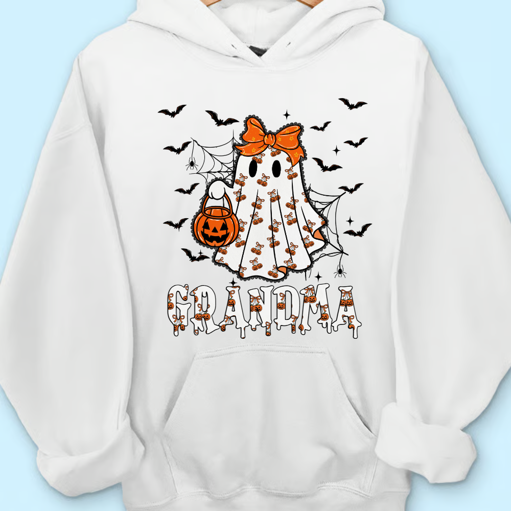 Personalized Halloween Grandma Sweatshirt – Cute Ghost with Grandkids’ Names and Pumpkin Trick-or-Treat Design