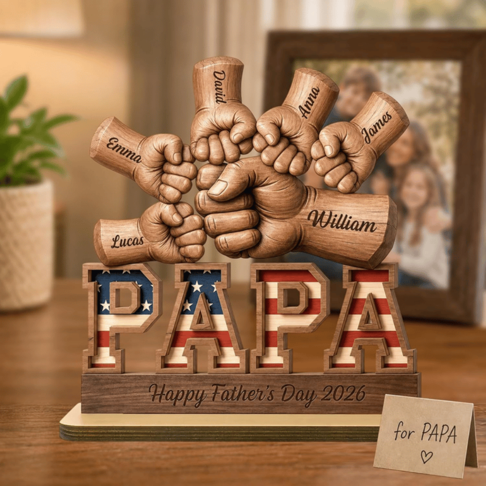 Personalized Fist Bump Papa and Kids Name Wooden Plaque, Custom Fathers Day Plaque for Dad and Grandpa