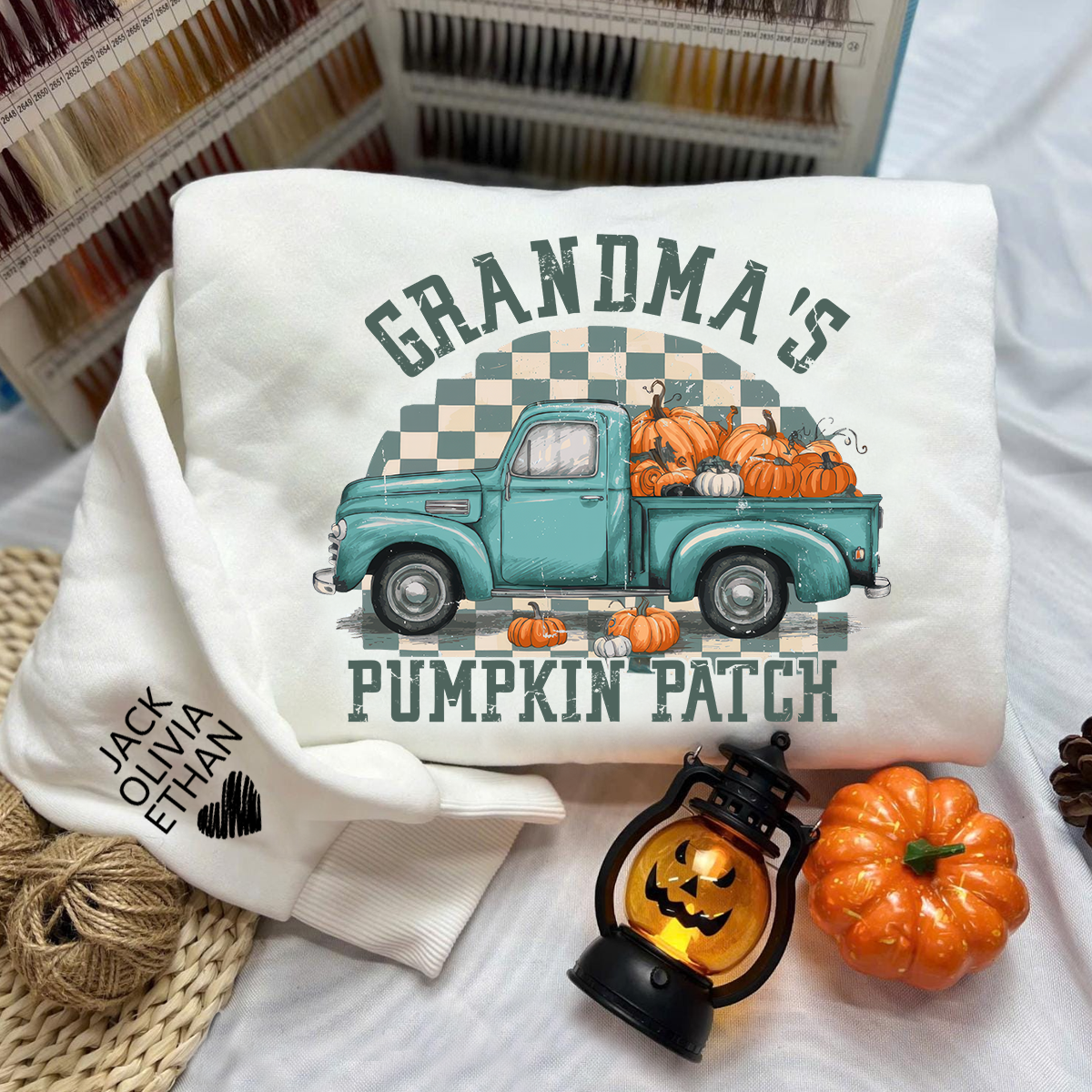 Custom Pumpkin Patch Grandma Sweatshirt – Teal Truck and Pumpkins, Grandkids’ Names on Sleeve