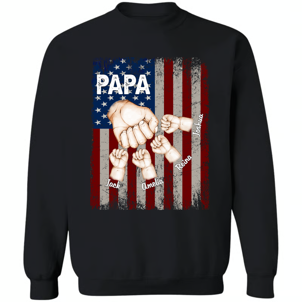Papa Fist Bump Custom Kids Names Shirt - Personalized US Flag Father's Day Gift - American Flag Papa T-Shirt