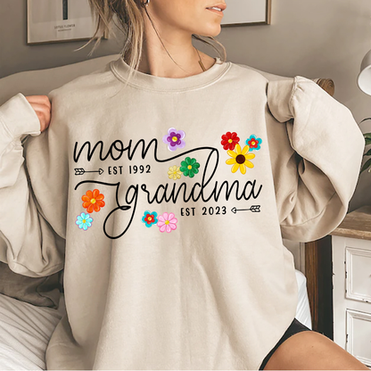 Custom Mom Grandma Est Flower Color With Grandkids Sweatshirt