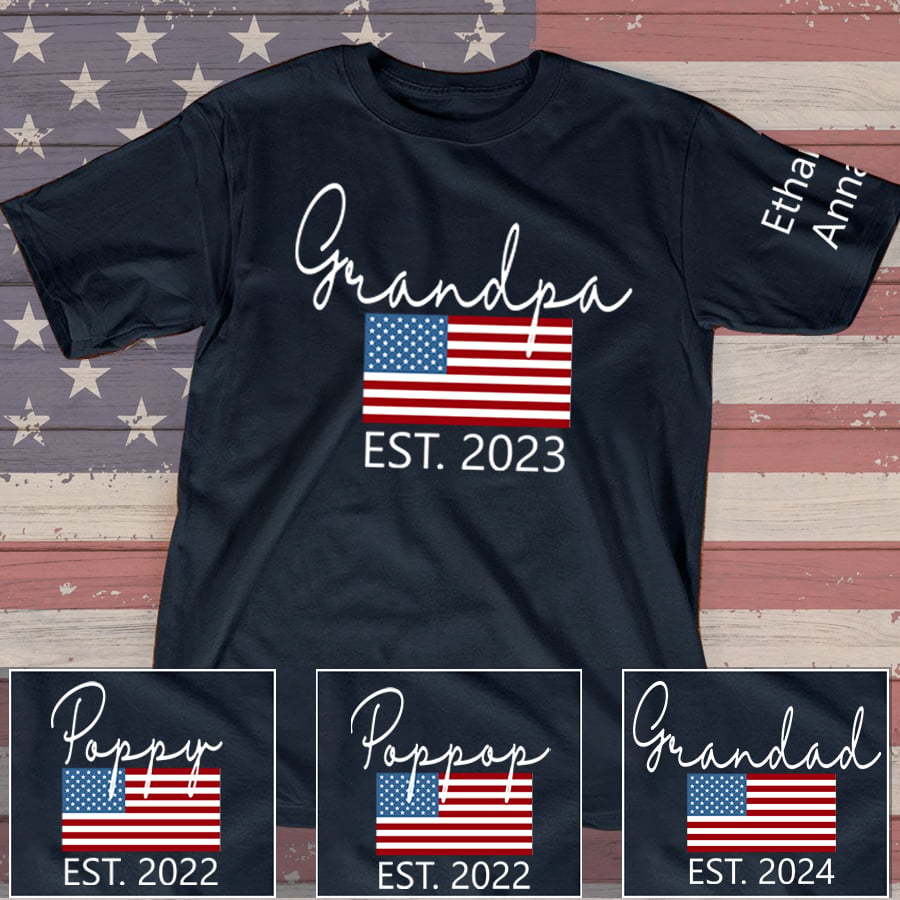 Grandpa Est Flag With Kids On Sleeve Shirt