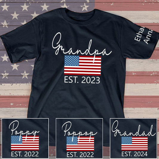 Grandpa Est Flag With Kids On Sleeve Shirt