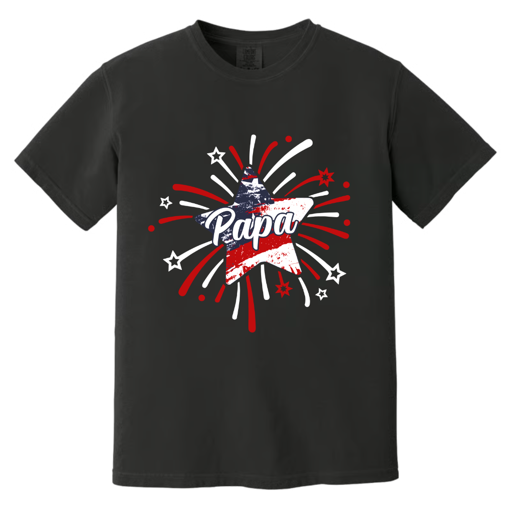 Personalized Papa Fireworks Mineral Wash T Shirt, Custom Grandkids Names Patriotic Tee, Fourth of July Grandpa Apparel