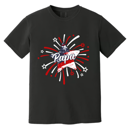 Personalized Papa Fireworks Mineral Wash T Shirt, Custom Grandkids Names Patriotic Tee, Fourth of July Grandpa Apparel