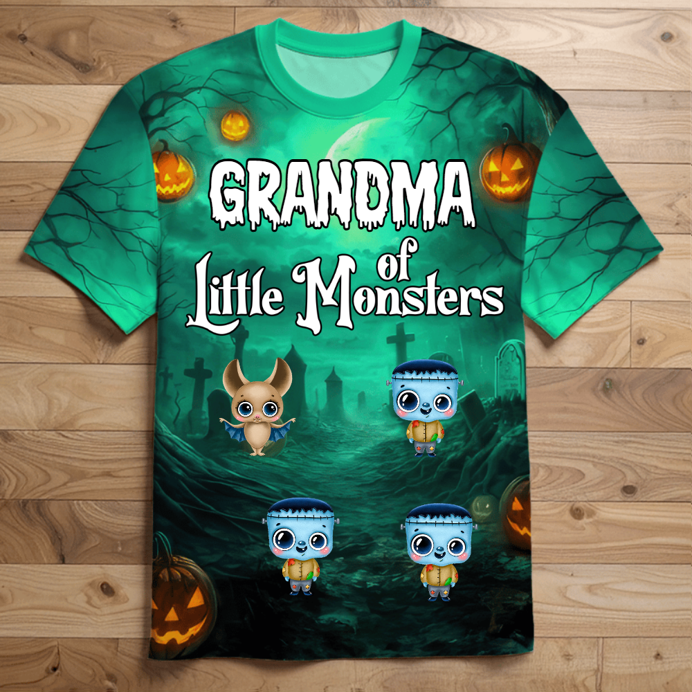 Personalized Grandma Of Little Monsters Halloween 3D Shirt – Custom Grandkids Names & Cute Characters Tee Gift 3D T-Shirt