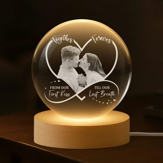 Personalized Globe Lamp for Couples – Together Forever Photo Light, From Our First Kiss Till Our Last Breath, Unique Romantic Gift Crystal Night Ball