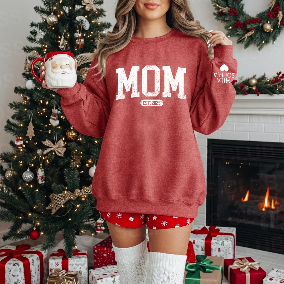 Personalized Mom Est. 2025 Sweatshirt – Custom Name Sleeve, Cozy Christmas Gift for New Moms