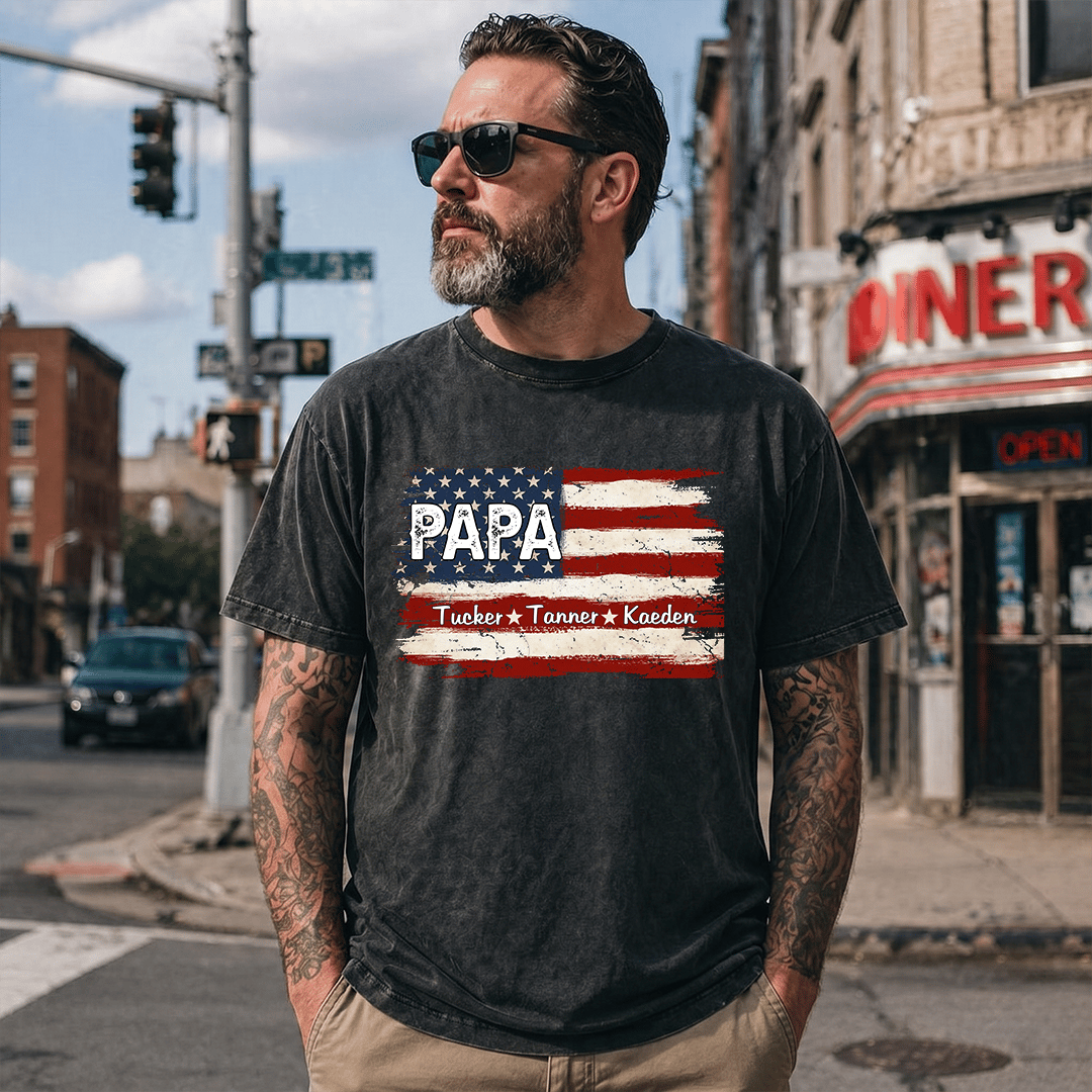 Personalized Papa American Flag Mineral Wash T Shirt, Custom Kids Names Patriotic Tee, Grandpa Father's Day USA Independence Apparel Mineral Wash T-Shirt