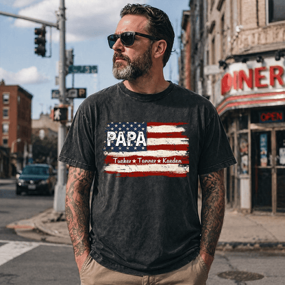 Personalized Papa American Flag Mineral Wash T Shirt, Custom Kids Names Patriotic Tee, Grandpa Father's Day USA Independence Apparel Mineral Wash T-Shirt