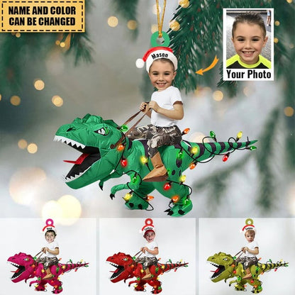 Personalized Cute Kid Rides The Dinosaurus Christmas Light Ornament Ornament