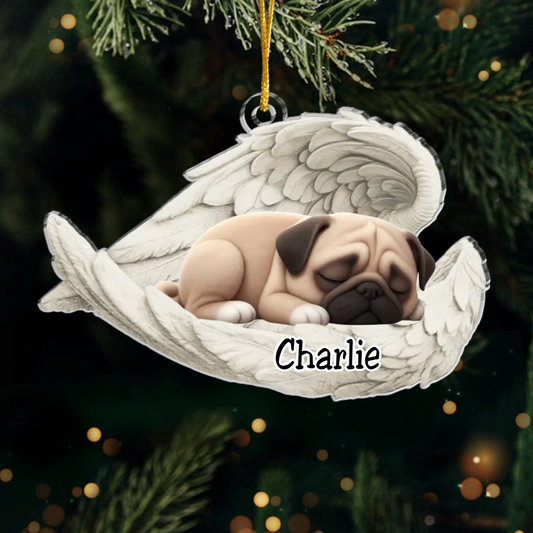 Custom Pug Dog Angel Ornament – Personalized Sleeping Dog Christmas Gift for Dog Lovers, Pet Memorial Tree Decoration Ornament