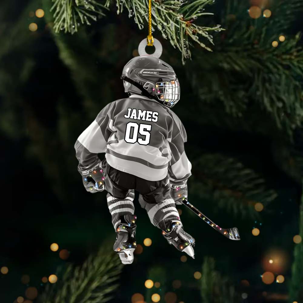 Personalized Hockey Player Ornament – Custom Name & Number Youth Ice Hockey Christmas Decoration Ornament