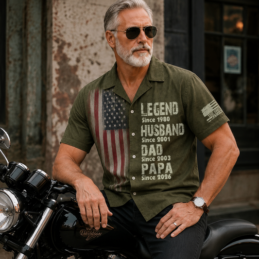 Personalized America 250th Anniversary Father's Day Hawaiian Shirt, Custom Patriotic Dad Gift, 4th of July Aloha Shirt for Grandpa, 1776 Hawaiian