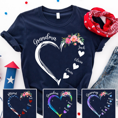 Custom Grandma Flower Shirt, Grandma Heart Shirt, Nana Shirt With Grandkids Name, Gift For Grandma, Mother's Day Shirt