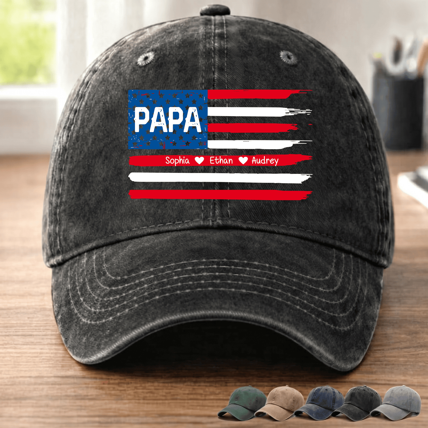 Personalized Papa American Flag Hat Custom Kids Names Baseball Cap Gift For Dad Grandpa Father’s Day Patriotic Adjustable Navy Blue Cap