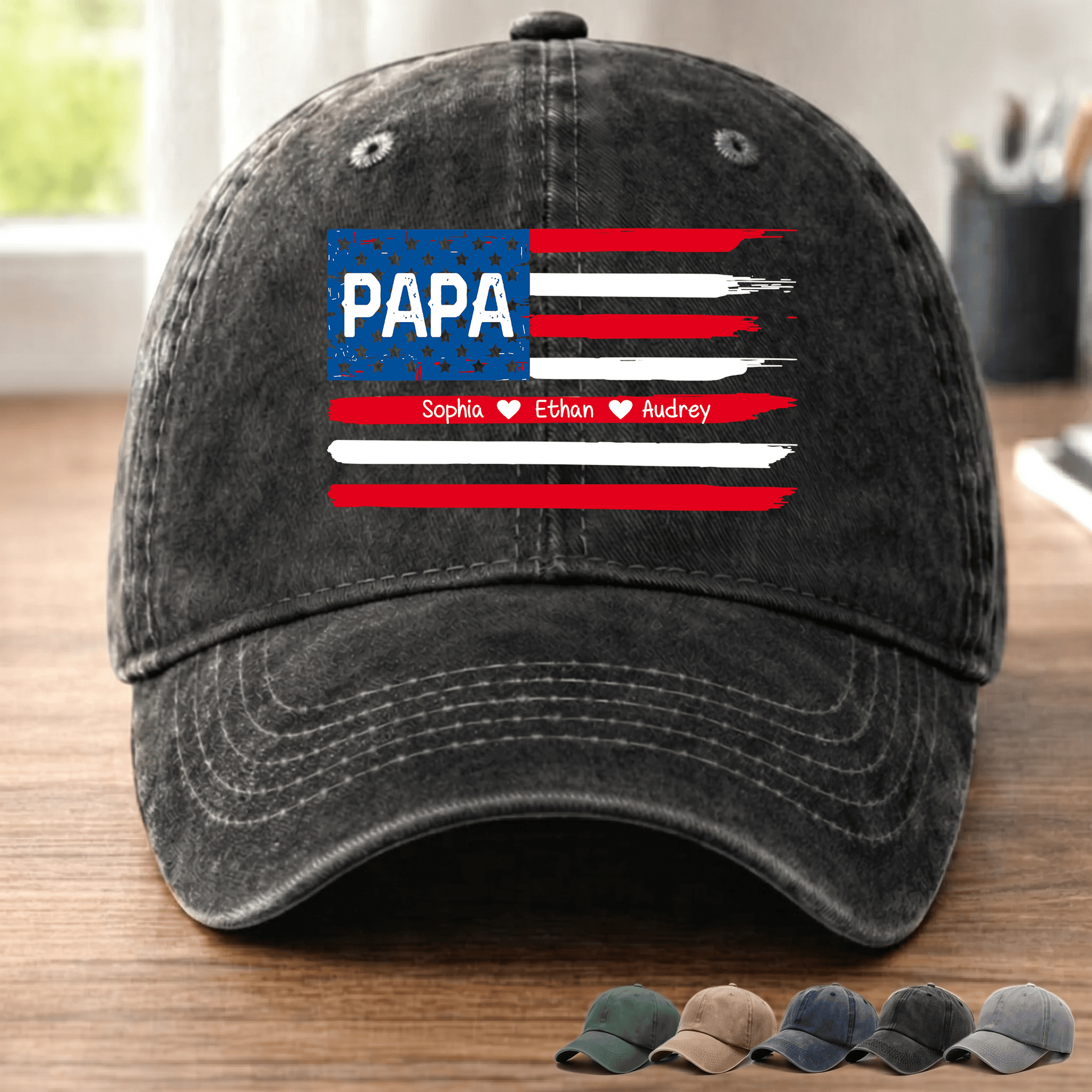 Personalized Papa American Flag Hat Custom Kids Names Baseball Cap Gift For Dad Grandpa Father’s Day Patriotic Adjustable Navy Blue Cap