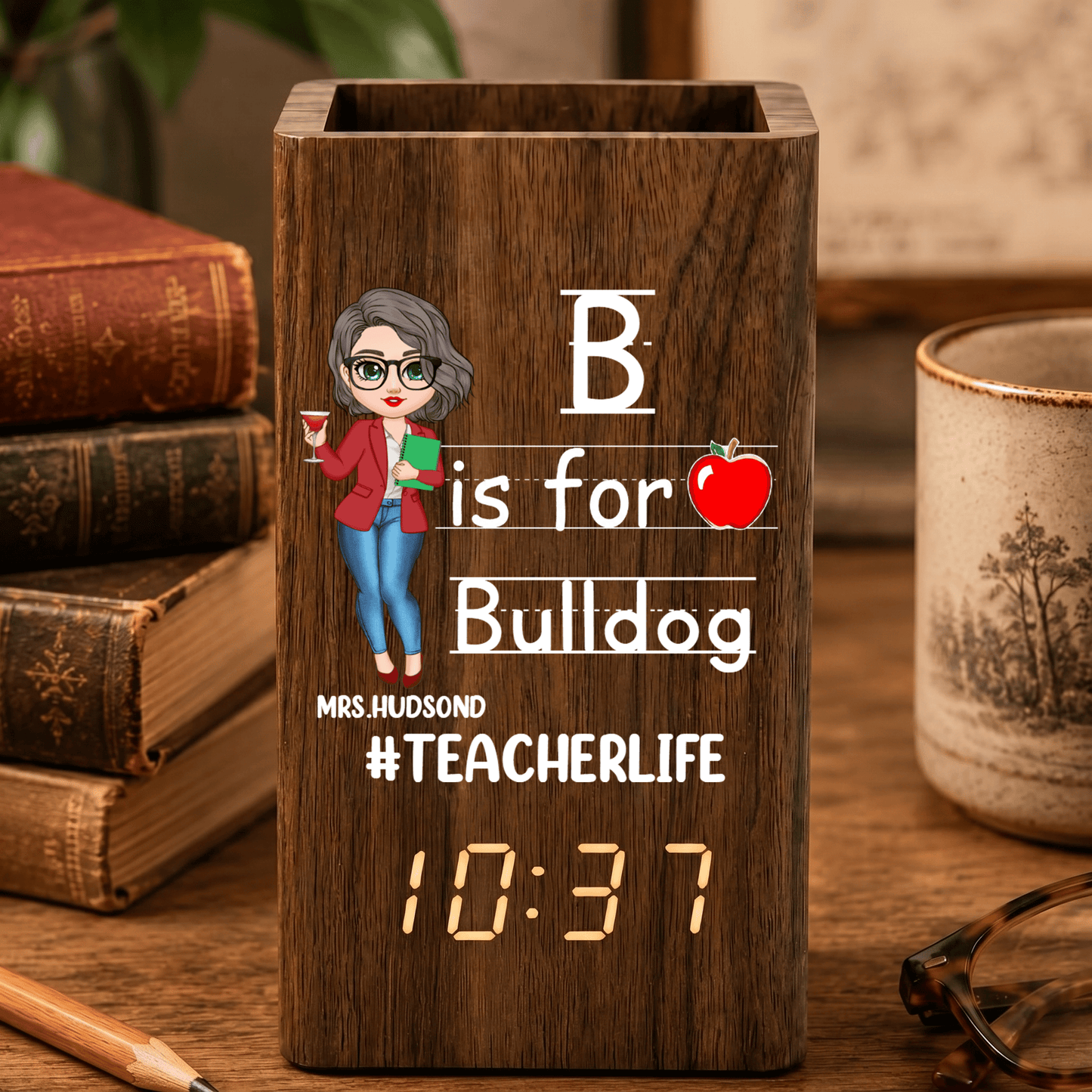 Custom Teacher Life Pen Holder With Clock, Personalized Classroom Desk Organizer, Back To School Teacher Gift Calendar Electronic Pen Holder