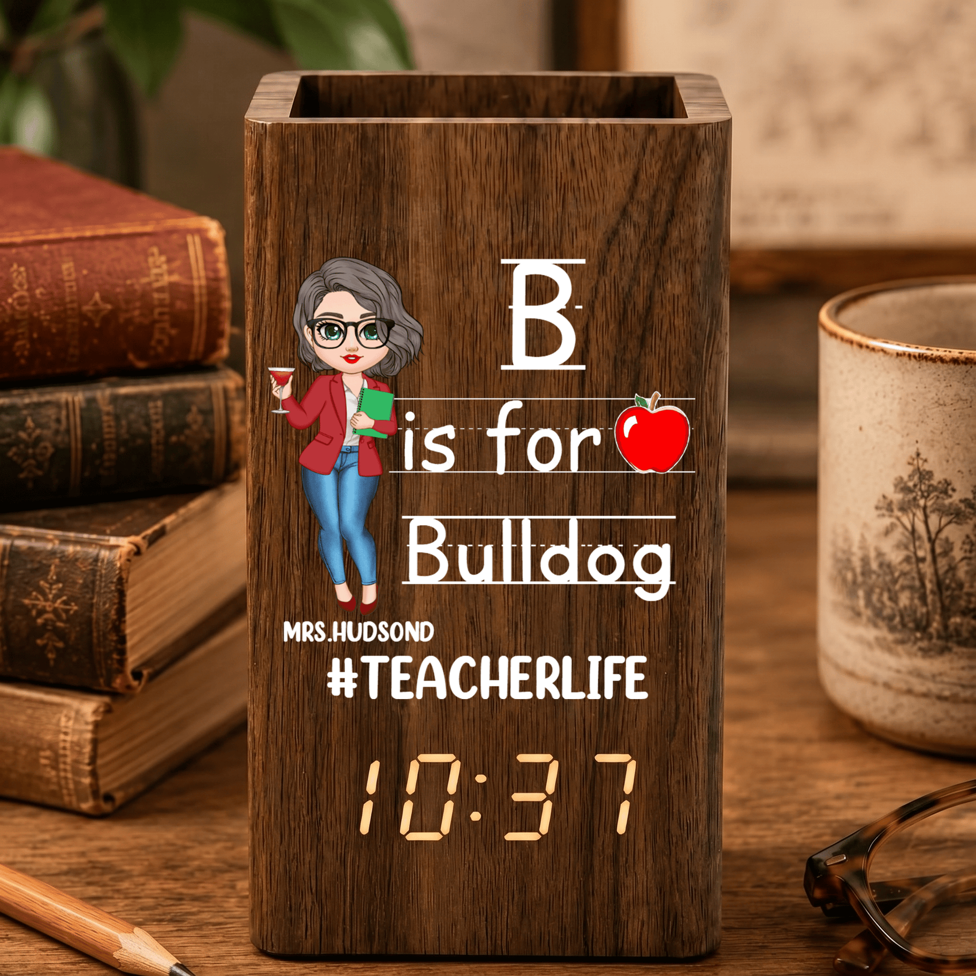Custom Teacher Life Pen Holder With Clock, Personalized Classroom Desk Organizer, Back To School Teacher Gift Calendar Electronic Pen Holder