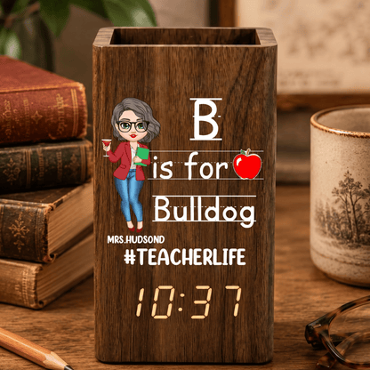 Custom Teacher Life Pen Holder With Clock, Personalized Classroom Desk Organizer, Back To School Teacher Gift Calendar Electronic Pen Holder