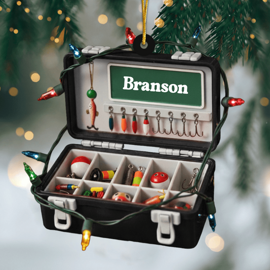 Personalized Merry Fishmas Ornament – Custom Fishing Tackle Box Ornament with Name, Unique Christmas Gift for Fishermen & Outdoor Lovers Ornament