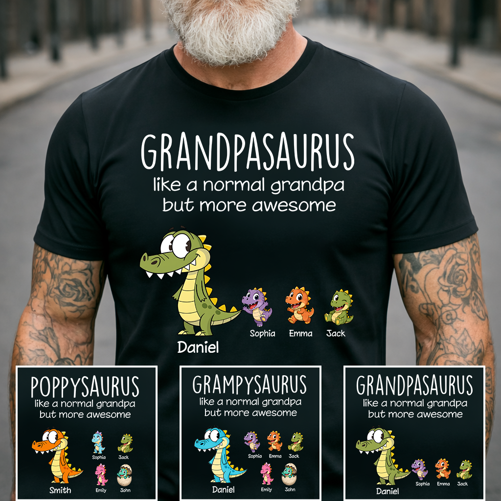 Personalized Grandpasaurus Dinosaur Shirt with Custom Kids Names, Funny Grandpa Family T Shirt for Papa Grandfather, Father's Day Birthday Gift