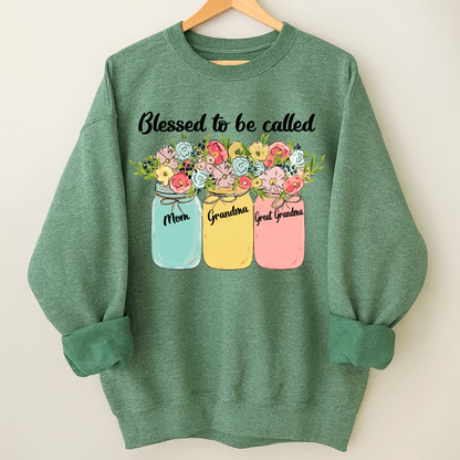 Personalized Blessed to Be Called Mom Grandma Great Grandma Sweatshirt – Custom Family Name Flowers Gift