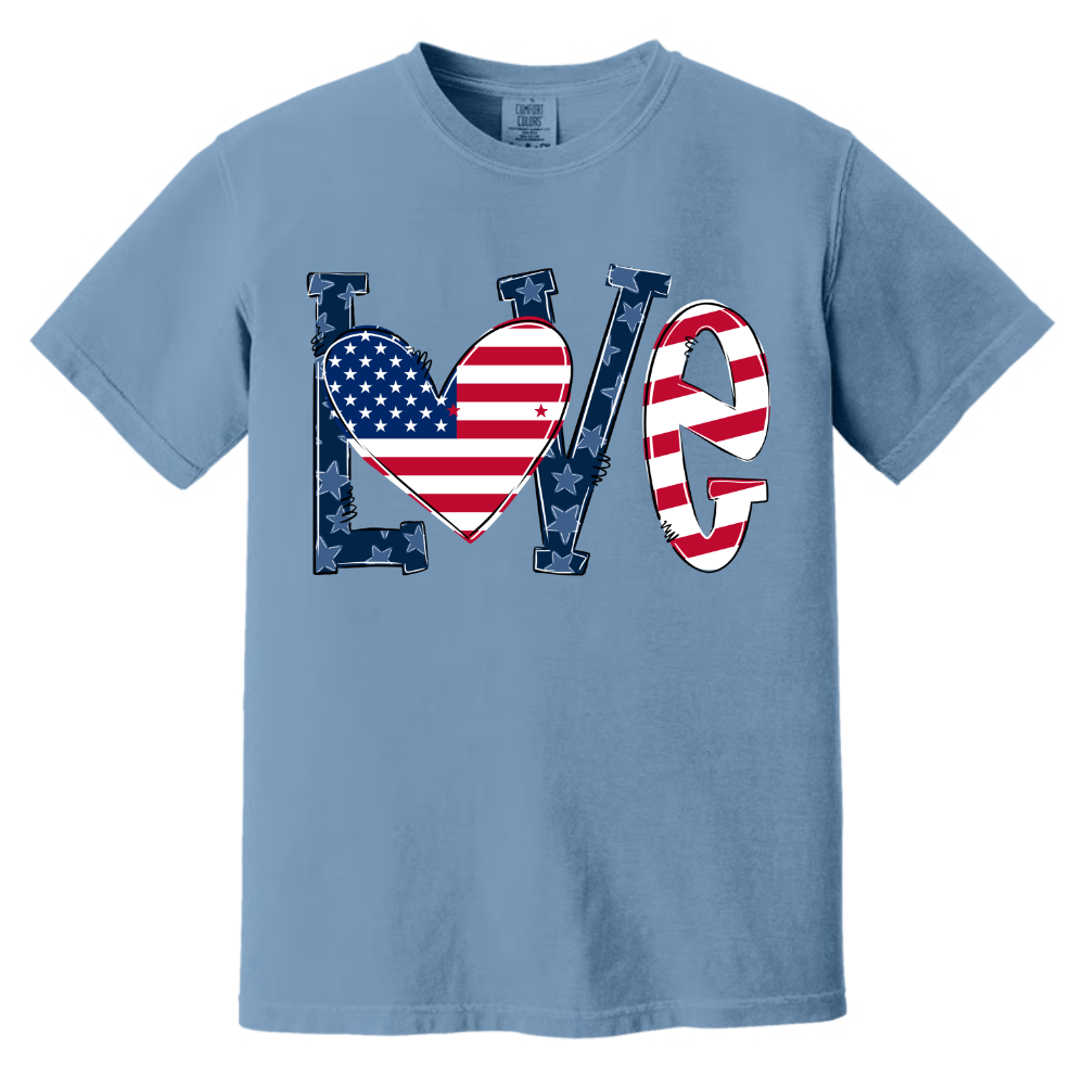 Personalized Grandma Life T-Shirt - LOVE American Flag Heart Design - Custom Grandkids’ Names - USA Patriotic Gift for Proud Grandmothers - Soft Comfort Colors Tee