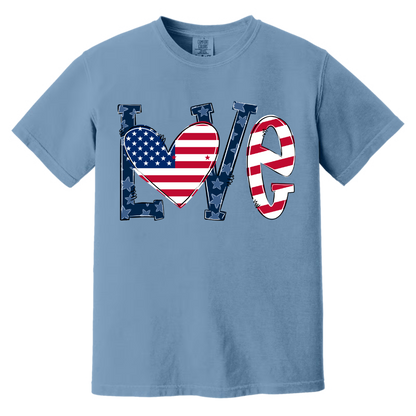 Personalized Grandma Life T-Shirt - LOVE American Flag Heart Design - Custom Grandkids’ Names - USA Patriotic Gift for Proud Grandmothers - Soft Comfort Colors Tee
