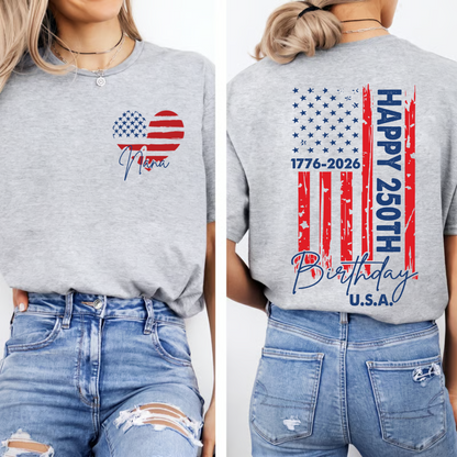 Personalized Mimi Patriotic Heart Flag Shirt, Happy 250th Birthday USA Grandma Shirt for Nana Gigi Mimi, 250 Years of Freedom 4th of July Comfort Colors® Shirt