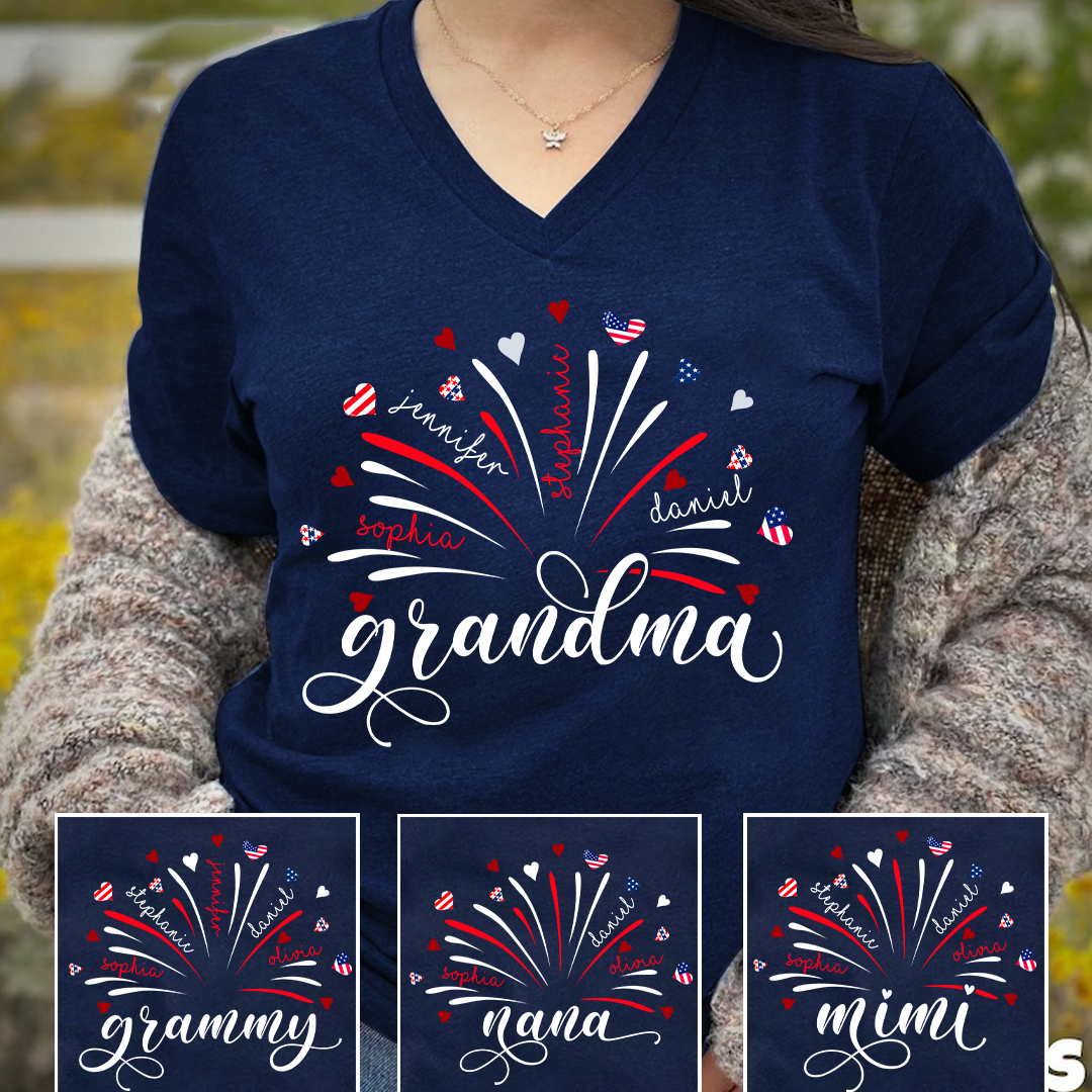 Firework America Flag Grandma And Kids Vneck