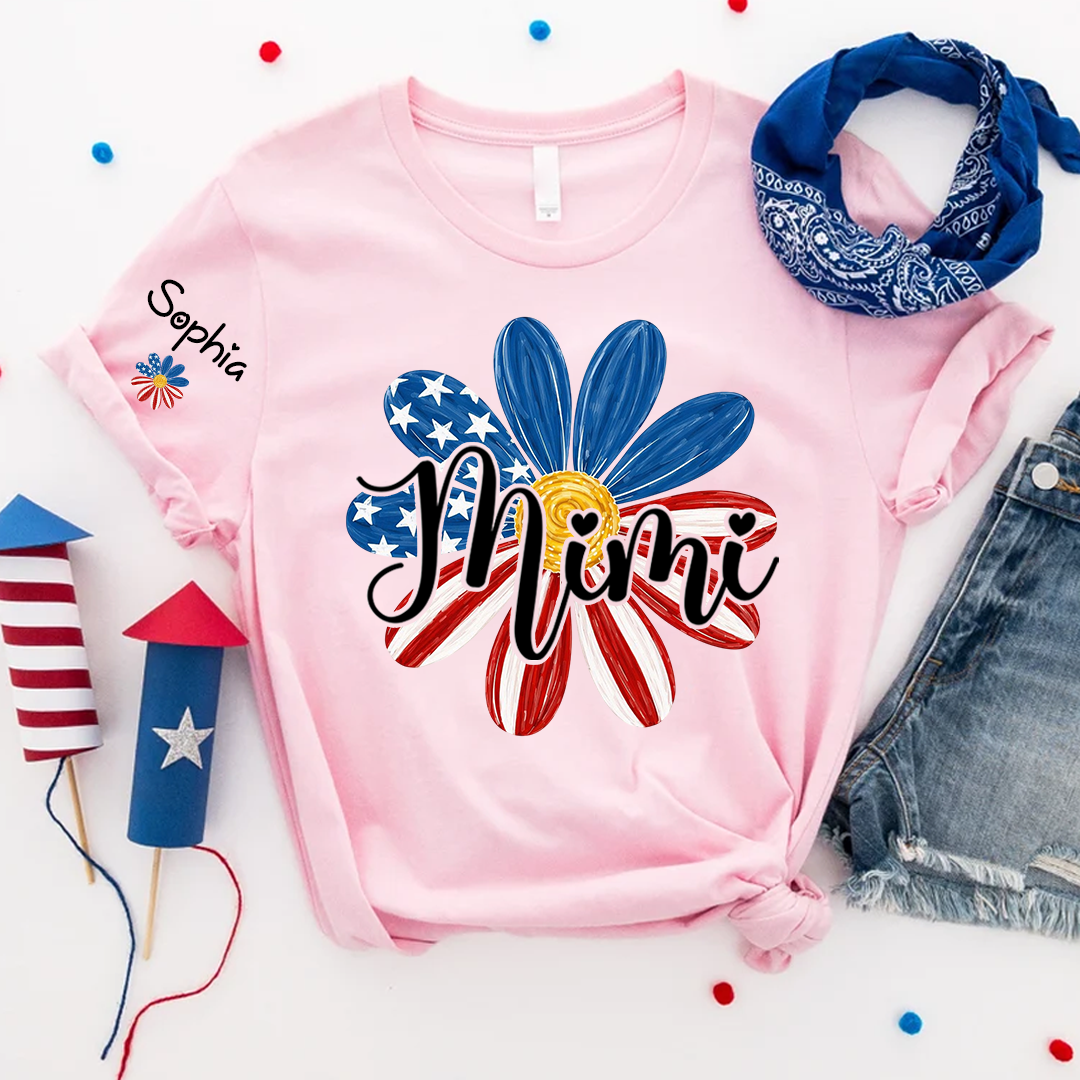 Custom Mimi T Shirt with Kids Names Floral Daisy American Flag Design Personalized Family Gift for Mimi 4th of July