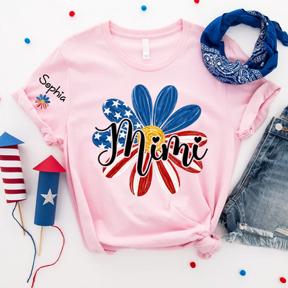 Custom Mimi T Shirt with Kids Names Floral Daisy American Flag Design Personalized Family Gift for Mimi 4th of July