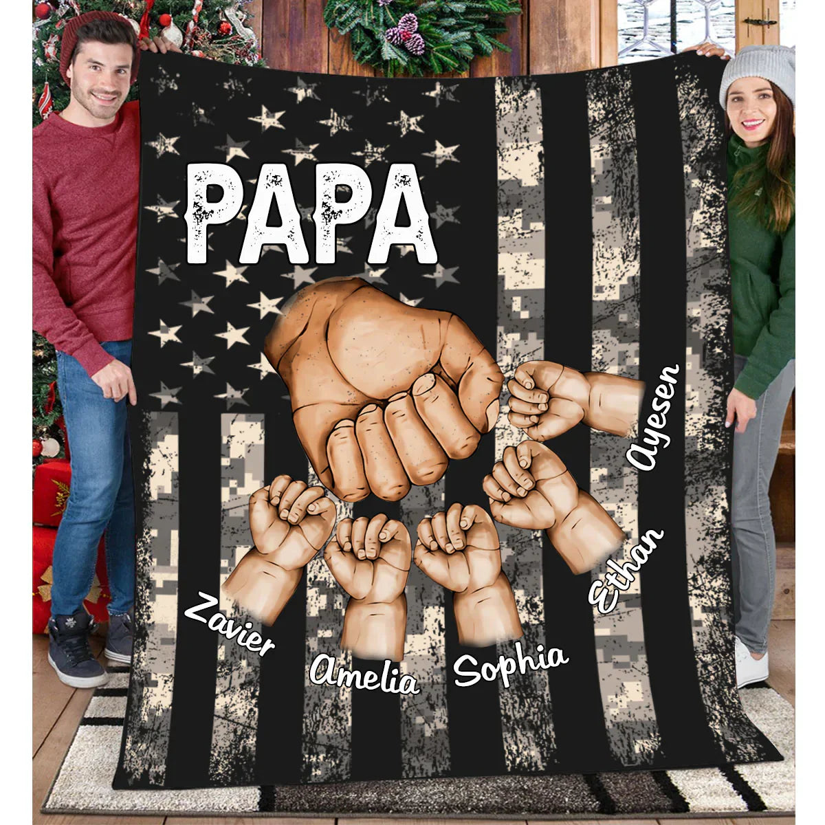 Personalized Papa Fist Bump With Kids American Flag Blanket, Custom Papa Throw Blanket, Father's Day Birthday BLanket