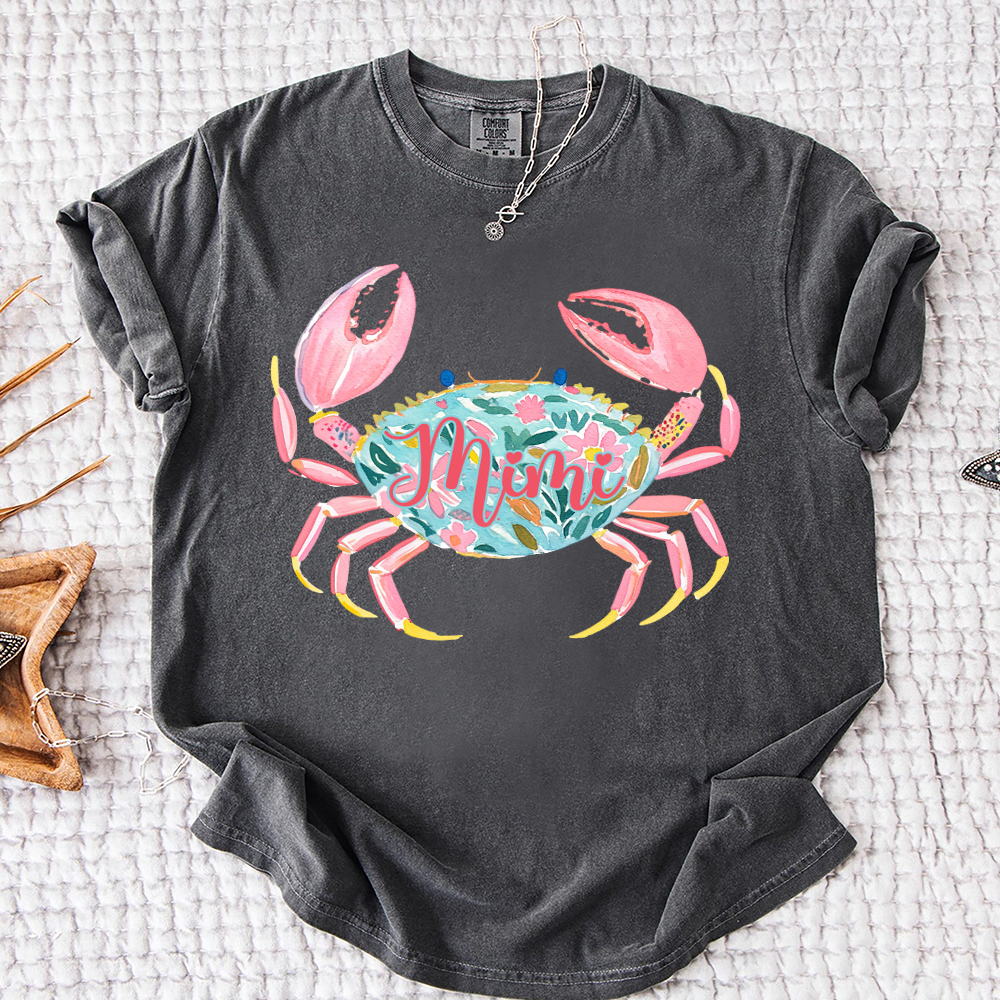 Comfort Colors® Personalized Mimi Crab Shirt, Custom Grandma Beach Shirt, Cute Floral Crab Summer Tee, Ocean Vacation Gift for Mimi Nana Gigi, Birthday Mothers Day Shirt