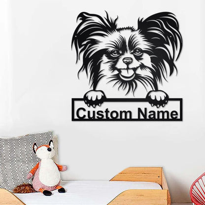 Personalized Papillon Dog Cut Metal Sign, Dog Lover Custom Name Metal Wall Art, Laser Cut Metal Signs Papillon Dog