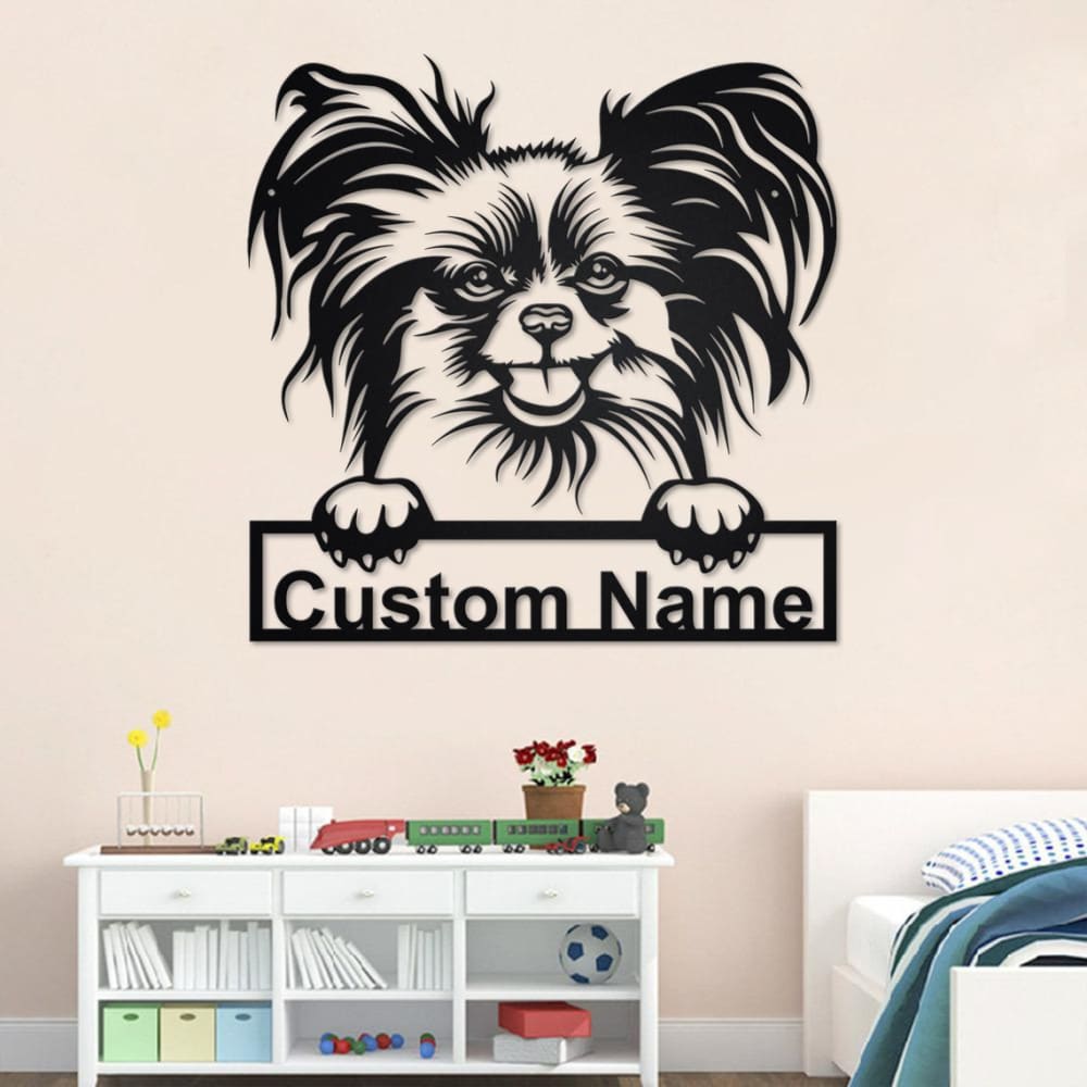 Personalized Papillon Dog Cut Metal Sign, Dog Lover Custom Name Metal Wall Art, Laser Cut Metal Signs Papillon Dog