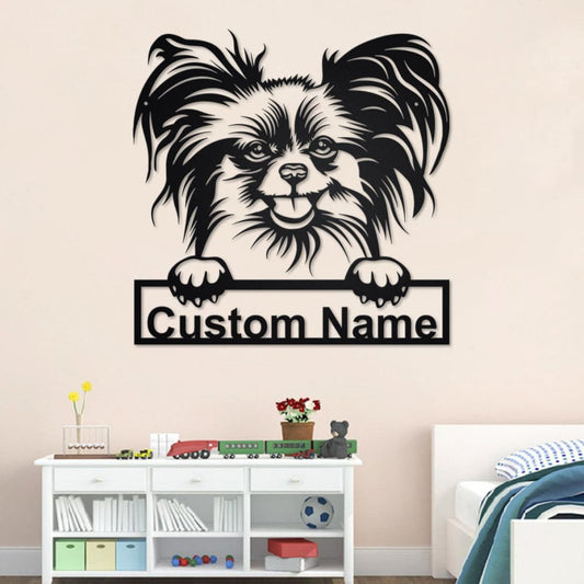 Personalized Papillon Dog Cut Metal Sign, Dog Lover Custom Name Metal Wall Art, Laser Cut Metal Signs Papillon Dog