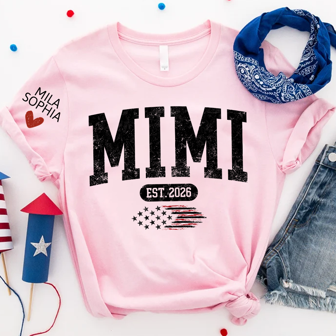 Personalized Mimi EST American Flag T-Shirt – Custom Mimi, Gigi, Nana Shirts, Patriotic Gift for Grandparents, Perfect for Mother’s Day and Birthdays