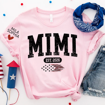 Personalized Mimi EST American Flag T-Shirt – Custom Mimi, Gigi, Nana Shirts, Patriotic Gift for Grandparents, Perfect for Mother’s Day and Birthdays