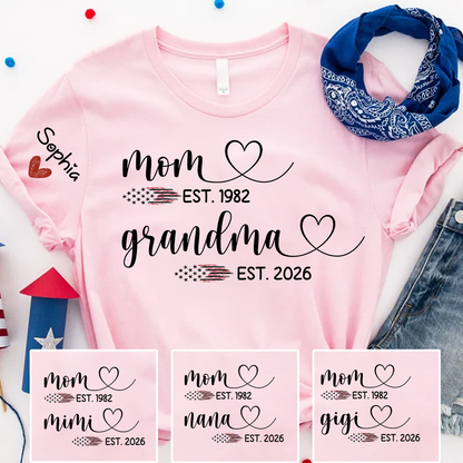 Personalized Mom & Grandma T-Shirt, Custom EST Year Design for Mom, Grandma, Mimi, Gigi, Nana, American Flag Hearts Graphic, Gifts for Mother's Day, 4th of July