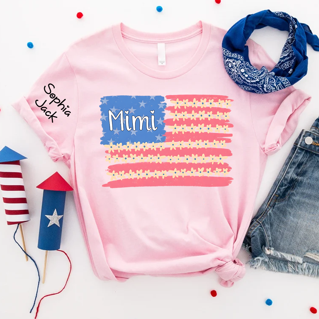 Personalized Mimi Flag Flower American T-shirt , Personalized Mimi Gigi Grandma Nana Shirt for 4th of July, Mother's Day, Birthday Gift, Custom Family Names